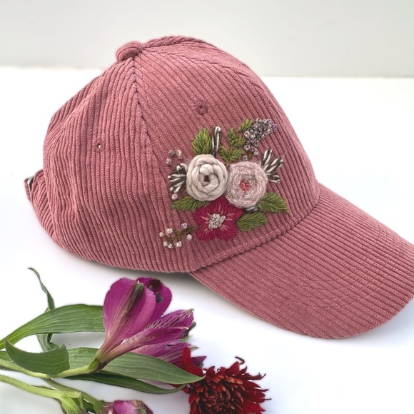 Corduroy Baseball Cap Hand Embroidered Floral Dusty Rose Pink Cozy Fall Hat - Picture 1 of 5